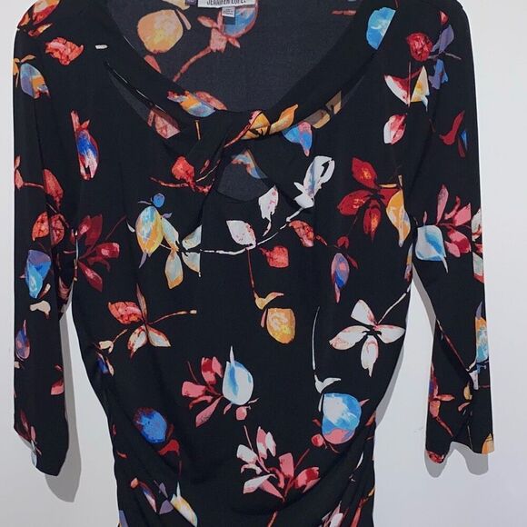 Jennifer Lopez Women's Black Multi Floral 3/4 Sleeve Keyhole Ruched Top Size XL - Picture 8 of 9